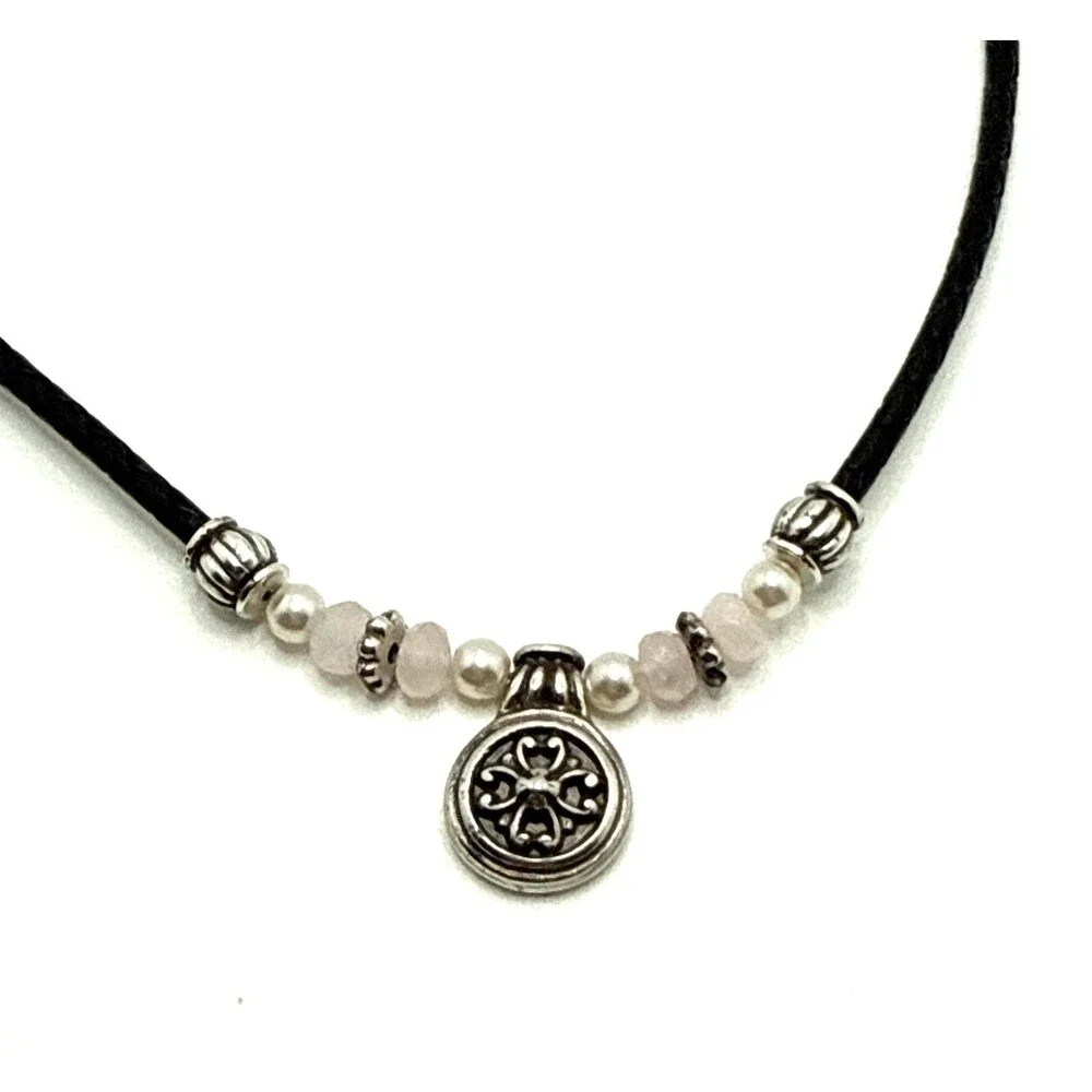 Brighton HUDSON Necklace Faux Pearls Faceted Rose Quartz Silver Plated 16